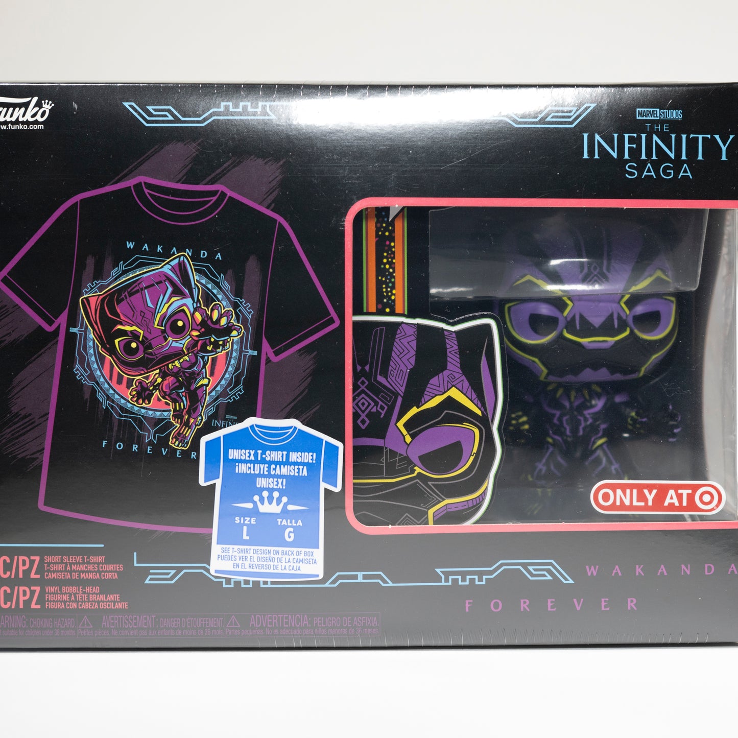 Funko Pop Pin Marvel 891 Black Panther (Infinity Wars) Target Exclusive Pop Tees box set Black Light L